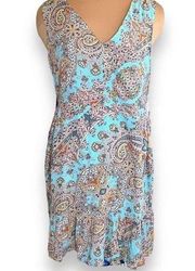 Cynthia Rowley Dress Aqua Blue Paisley Print Flounce Hem Sleeveless Vneck Mini