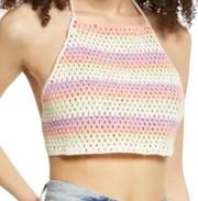 BP. Womens Crop Top Multicolor Stripe Halter Neck Crochet Backless Tie S New