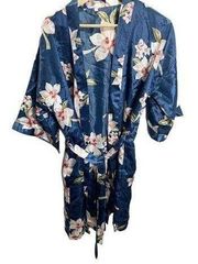 Navy Floral Satin Knee Length Womens Robe M Tie Waist Lightweight