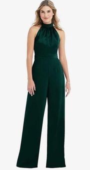 After Six Halter Neck Satin Charmeuse & Crepe Jumpsuit in Evergreen, Siz…