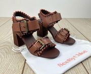 See By Chloe Leather Whipstitch High Block Heel Buckle Sandals 35 Brown $345