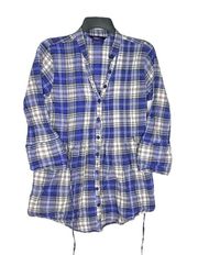 Blue, Black, Red, White Plaid Button Adj Sleeve Shirt w Tie In Back Women L