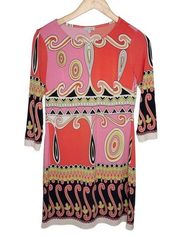 Boston Proper Shift Dress Mod Retro Paisley Pink Orange sz 2 3/4 sleeves