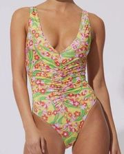 Solid and Striped Ruched Floral One Piece
