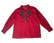 Womens Bob Mackie Wearable Art Red Denim Western Embroidered Big Shirt Jacket L