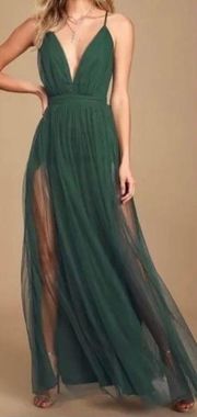 Maniju Women's Tulle Maxi High Slit Maxi Dress Emerald Green Size S