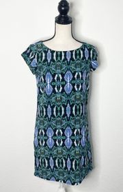 Blue Green Snakeskin Print Short Sleeve Dress in a Size Small Scoop Neck