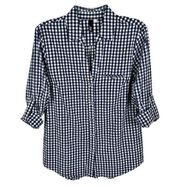 Blue Gingham Check Roll Tab Sleeve Button Shirt Women Medium