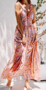 By  Drama Midi Maxi Dress V Neck  Paisley Pink Orange Boho Size XS