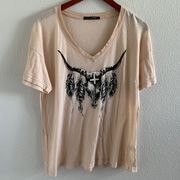 Wildfox Oversized Longhorn Graphic T-Shirt Tee Texas Western Boho V Neck Small