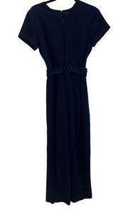 Wide Leg Jumpsuit Women's 8 Navy blue Belted Short Sleeve Zippers