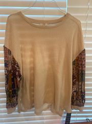 Waffle Knit Top With Patterned Sleeves