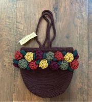 ANTHROPOLOGIE brown crochet wool bag with crochet flowers, NWT