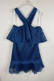 Anthropologie Foxiedox Lucy Dress Size Large L Navy Halter Neck Lace Mesh Ruffle