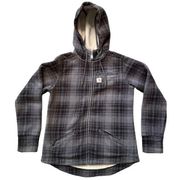Carhartt Womens Fleece Gray Plaid Hooded Zip Up Jacket Curved Hem Size Small 4-6
