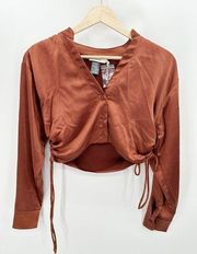 Lush Skirt Set Women SMALL NWT Rust Orange Satin Crop Top Drawstring Ruched