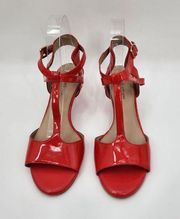 Patent Leather Red Coral Low TStrap Open Toe Slide Heel Size 7.5