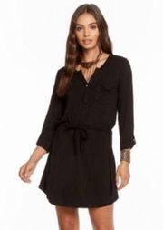 NWT Chaser Black Sz M Jersey Rolled Cuff Shirttail Henley Dress Tie Waist Casual