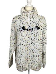 Disney Mickey Mouse Embroidered Turtleneck Confetti Knit Pullover Sweater Large