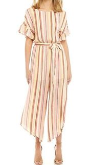 New  Striped Short Flutter Sleeve Belted Waist Crop Jumpsuit