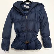 Andrew Marc New York jacket navy blue puffer coat belted cinched waist size XS