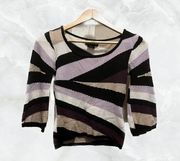 Purple, Black, Tan, and White Striped Half Sleeve Blouse Made in Korea