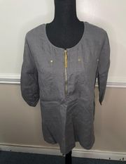 Linen 1/4 Zip Grey Blouse with 3/4 Sleeves Size Large