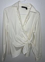 Lafayette 148 New York White Wrap and Tie  Blouse V Neck Ruffle Trim size 8