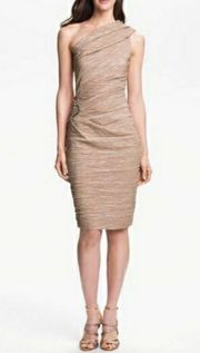 Eliza J Beige Metallic Textured Rouched One Shoulder Dress Size 14