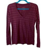 Fossil V Neck Burgundy Long Sleeve Striped Tee Shirt