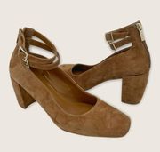 Regina Brown Suede 3.25" Block Heel Pump Buckle Ankle Strap Zip 10