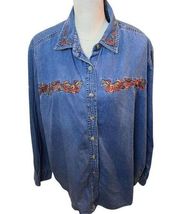 Vtg Y2K Faded Glory Fall Leaves Denim Cotton Long Sleeve Shirt Sz 18W/20W XL XXL