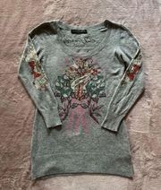 Ed Hardy Women’s Cross and Roses Embellished Gray Wool Sweater Size Large
