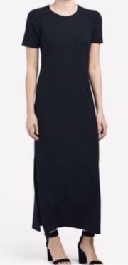 Theory Shirred Ranmire Knit Black T-Shirt Maxi Dress Side Slits size large