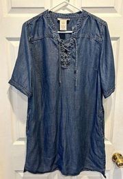 Philosophy Blue Light Wash Tencel Lace Up Neck Roll Tab Sleeve Dress Size Large