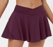 Halara High Waisted Crossover 2-in-1 Side Pocket Flare Tennis Skirt Maroon XL