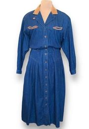 Vintage Liz Claiborne Dress Western Style Denim Tan Corduroy Arrow Detail Midi