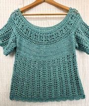 Handmade Crocheted Sweater Top Sz M? Aqua/Teal/Green Coastal Grannie CottageCore