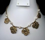 Vintage Gold Tone and Faux Pearl Baroque Girl Charm Choker Necklace