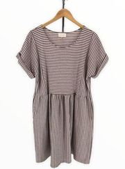 Melloday Oatmeal Burgundy Striped Short Sleeve Dress size L Relaxed Fit Casual