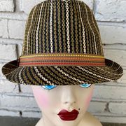 Vintage Nine West Striped Woven Straw Trilby Fedora Embroidered Hat