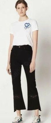 Sandro Paris Tori Flared Lace Inset Jeans Black Denim Dlares Wide Leg 38 US 4-6