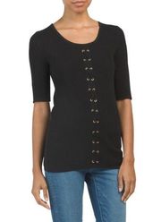 Carmen Marc Valvo Black Ribbed Slim Half Sleeves Lace Blouse Top Small