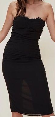LPA Shirred Bustier Dress Black Strapless Midi Revolve XXS NWT
