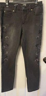 Seven7 Skinny Jeans Size 10 Women's Floral Embroidered Faded Black Stretch