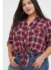 [Torrid] Red Black Plaid Taylor Slim Fit Rayon Tie Front Button Down Shirt Sz 4X