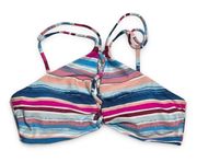 Vanilla Beach Bikini Top High Neck Strappy Criss Cross Blue Pink Striped NWOT L