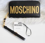 Moschino Black Gold Logo Continental Zip Around Wallet Wristlet