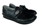 Alegria 37 Leather Shoes Brenna‎ Hello Doily Black Slip On Loafers Womens 7 7.5