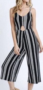 LOVE Tree Jumpsuit Juniors Large Striped Black White Keyhole Stomach Overalls‎